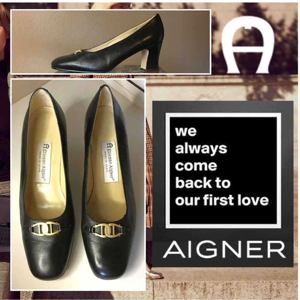 ETIENNE AIGNER Black Leather "Monte Carlo" Block Heel Pumps   7M